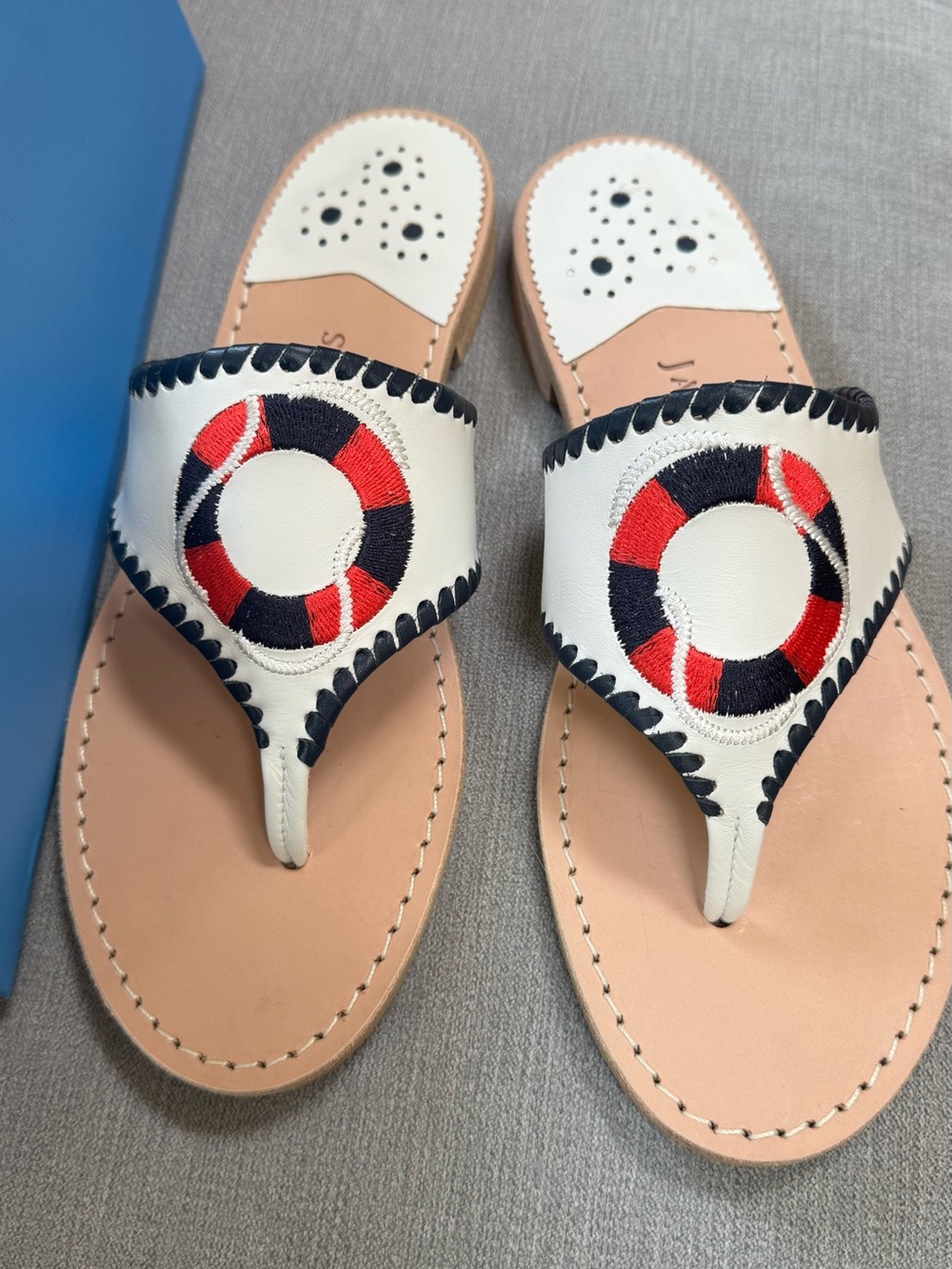 Jack Rogers White Leather Thong Sandals with Red & Navy Embroidered Lifebuoy 9.5